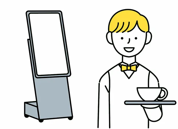 カフェスタッフとデジタルサイネージ。店内案内やメニュー表示に便利な組み合わせ。